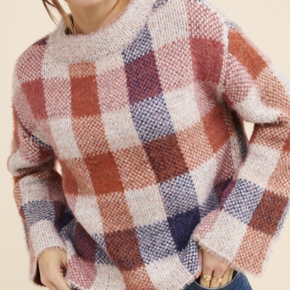 Modcloth Orange Cream Plaid Brushed-Knit Crewneck Sweater Medium (8079)